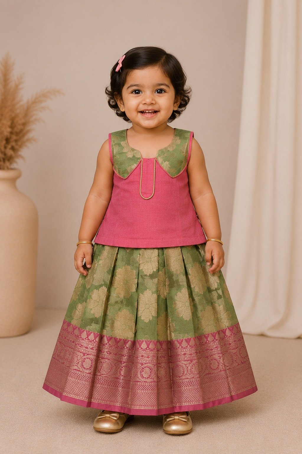 Premium Girls Traditional wear - Pattu pavadai sattai for girl babies -pink with green floral